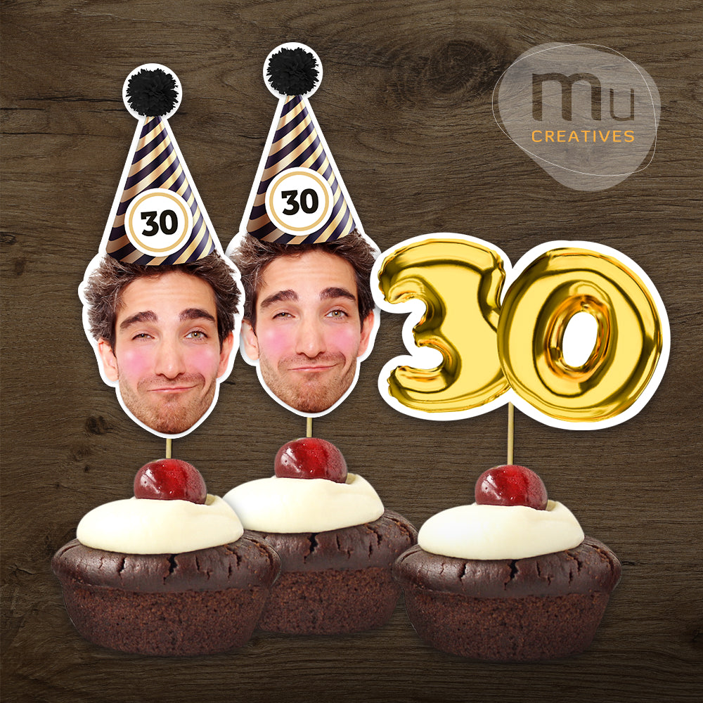 Custom Gold and Black Birthday Hat Cupcake Toppers