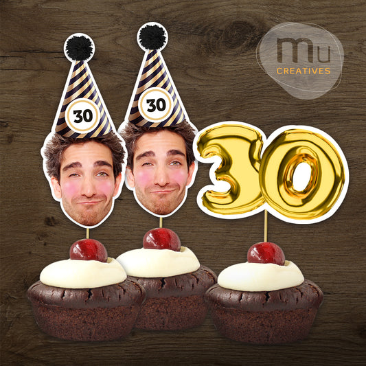 Custom Gold and Black Birthday Hat Cupcake Toppers
