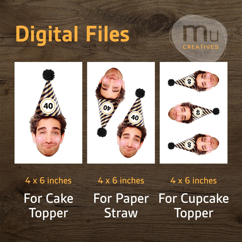 Custom Gold and Black Birthday Hat Cupcake Toppers