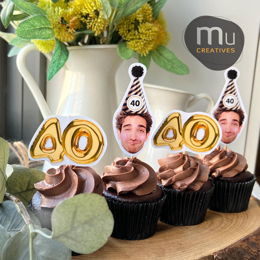 Custom Gold and Black Birthday Hat Cupcake Toppers