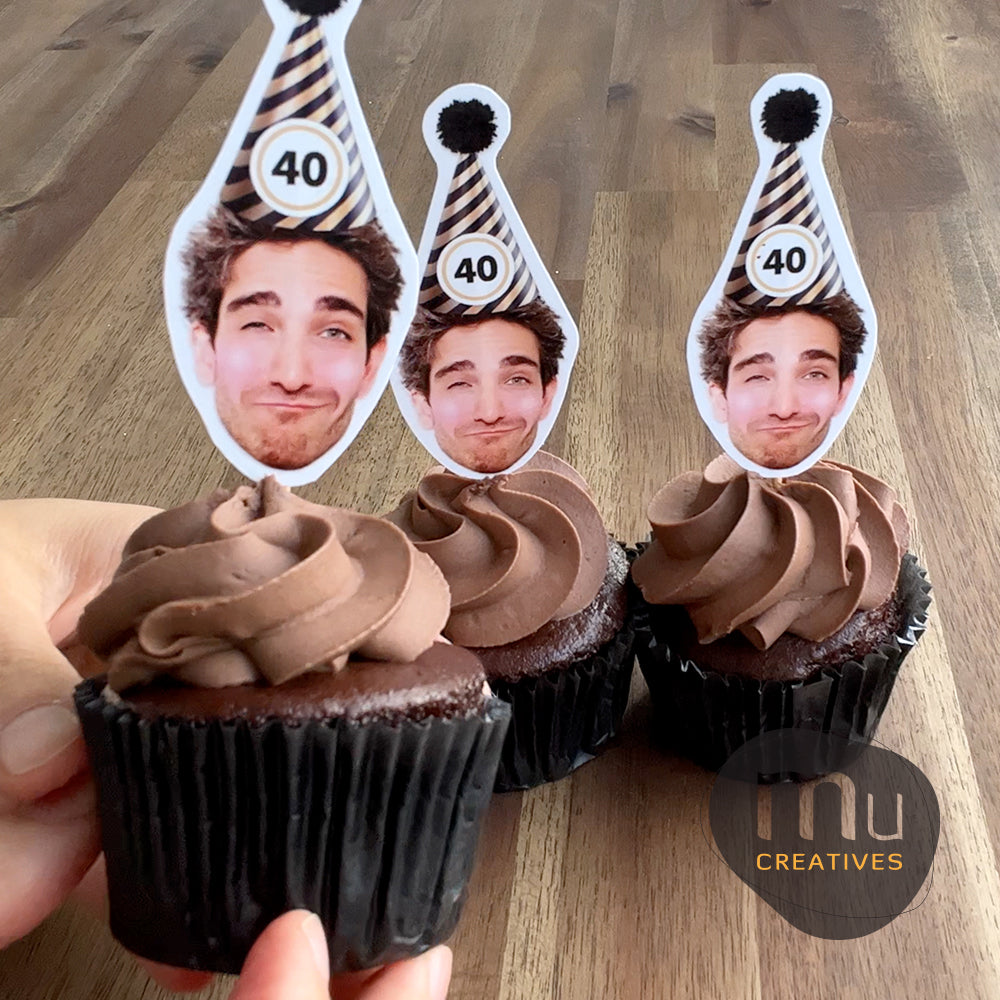 Custom Gold and Black Birthday Hat Cupcake Toppers